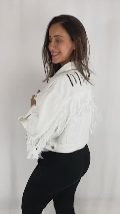 (White Fringe) Bride Rhinestone Patch Jean Jacket