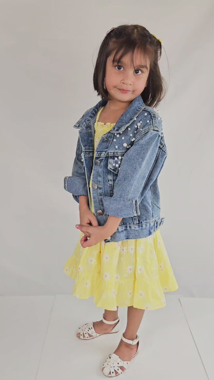 (Blue Pearl) Custom Pink Patch Flower Girl Denim Jacket