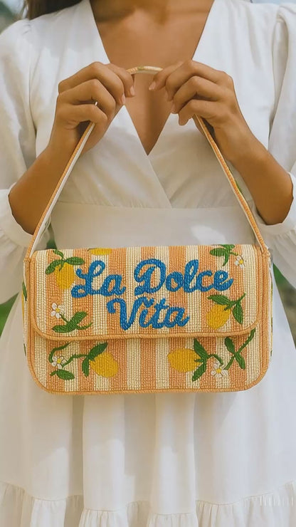 Orange "La Dolce Vita" Striped Lemon Beaded Purse