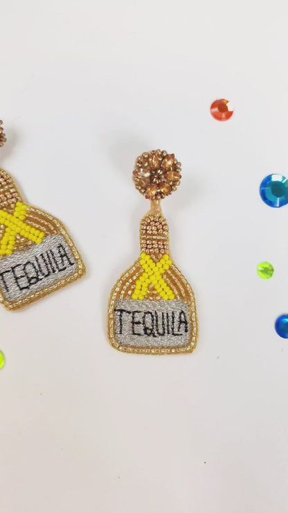 Yellow/Gold Tequila Bottle Seed Bead Earrings