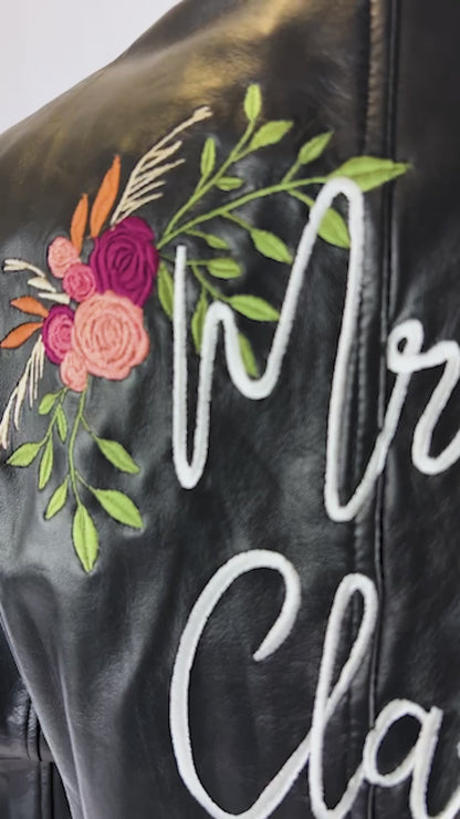 (Real Leather) Embroidered Rose Leather Jacket