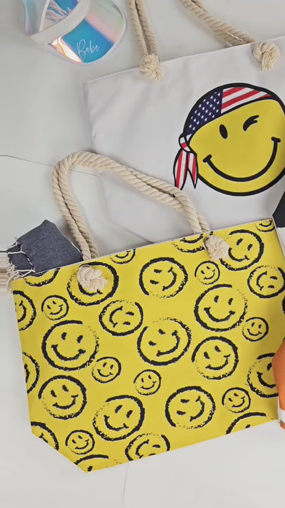 Yellow Smiley Print Tote Bag
