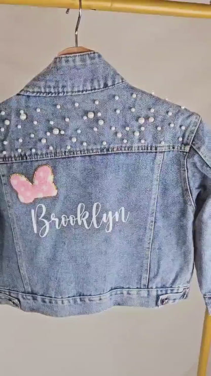 (Blue Pearl) Custom Bow & Name Flower Girl Denim Jacket