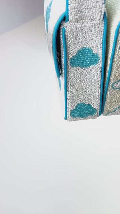 White Cloud Beaded Purse with Blue Clouds