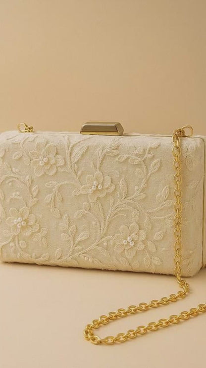 Ivory Bridal Box Clutch with Gold Chain