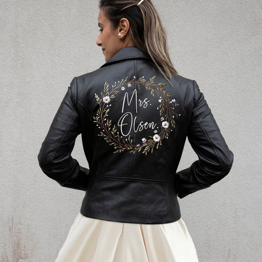 (Real Leather) Embroidered Mrs Leather Jacket for Brides