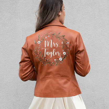 (Real Leather) Embroidered Mrs Leather Jacket for Brides