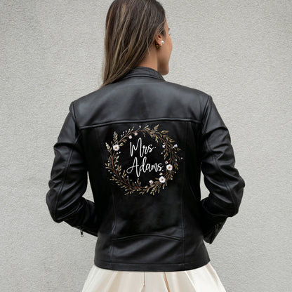 (Real Leather) Embroidered Mrs Leather Jacket for Brides