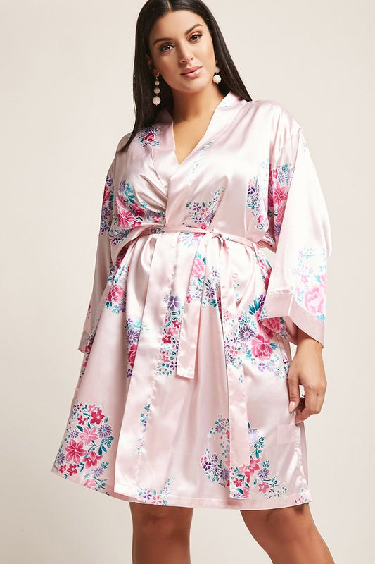 Floral Light Pink Satin Kimono Robe