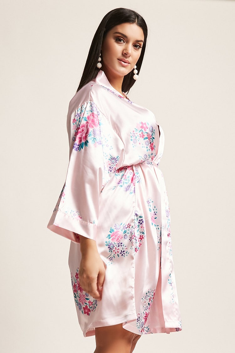 Floral Light Pink Satin Kimono Robe adult side view