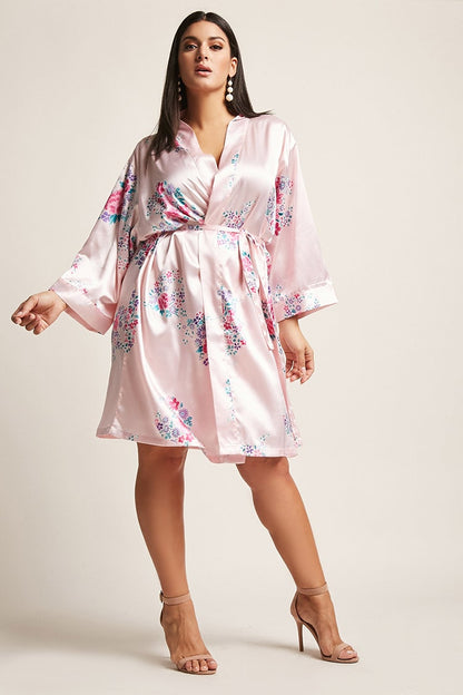 Floral Light Pink Satin Kimono Robe adult front