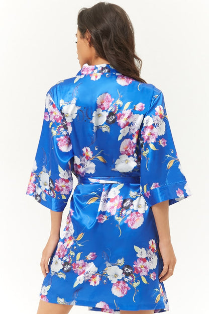 Floral Blue Satin Kimono Robe