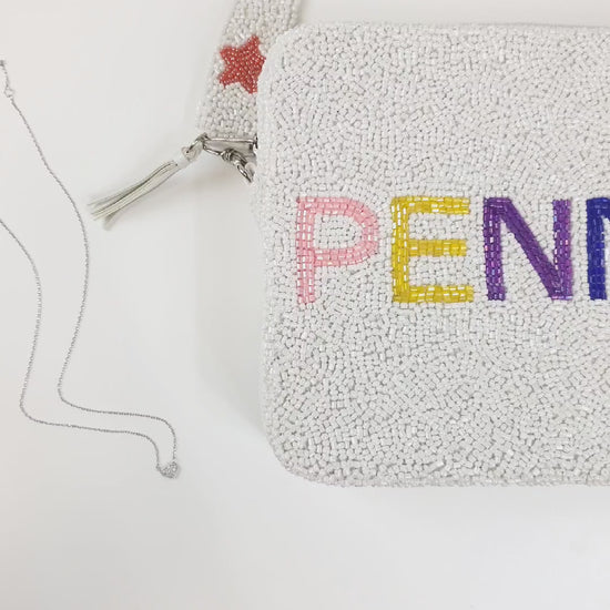 Customized Name Seed Bead Bridal Clutch Crossbody Bag (GD) measuring 8in x 8in x 2in. Perfect for weddings, summer outings, or evenings. Features a secure zipper closure and a removable 46in beaded strap. Every handmade clutch is uniquely crafted, ensuring a one-of-a-kind bridal accessory