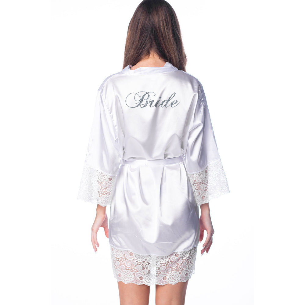L/XL "Bride" White  Robe Lace - Chopin Scipt in Silver Glitter