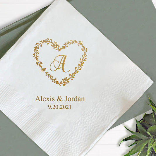 Floral Heart Initial Wedding Napkins (351)