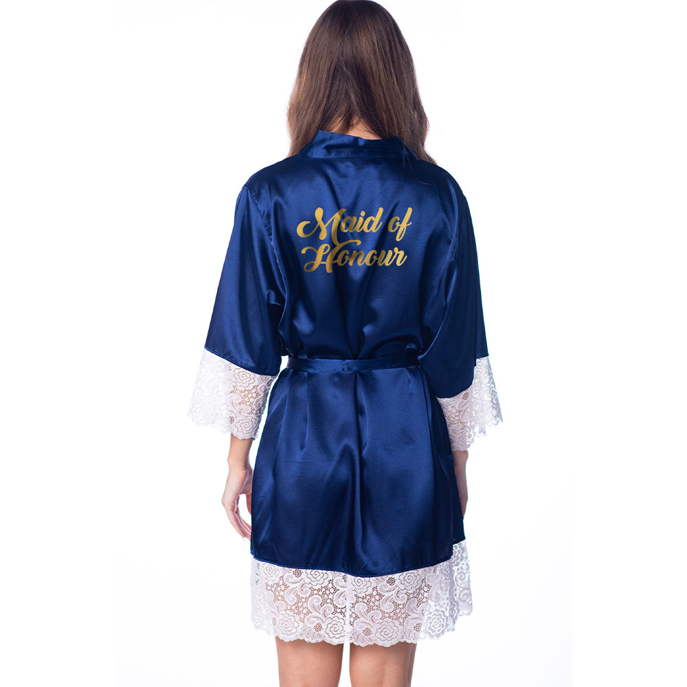 L/XL "Maid of Honour" Navy Robe Lace - Back to Black in Met. Gold