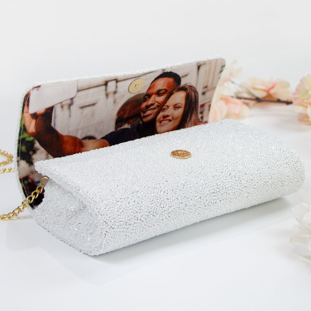 Bridal clutch with a photo inside the purse. Wedding purse that's hand beaded and made to order. 