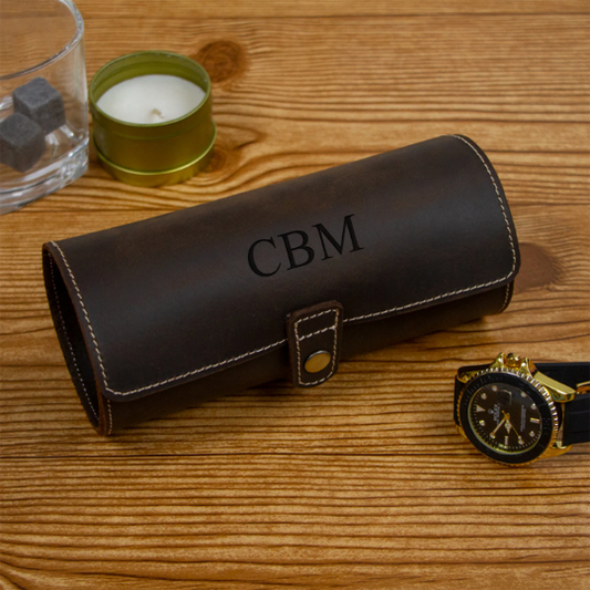 Engraved Leather Roll for 3 Watches Men's Gift