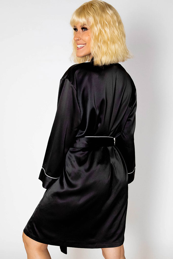 Black Piped with White Trim Satin Kimono Robe Back View - Bridesmaid Robe - Bridal Robe - Kimono Robe - Satin Robe - Silky Robe - Kimono Bridal Robe - Bridal Satin Robe - PrettyRobes