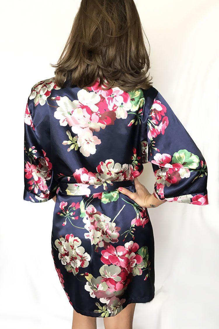 Floral Dark Navy Satin Kimono Robe