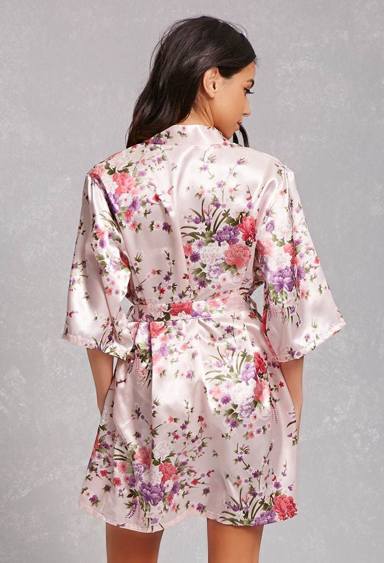Floral Blush Satin Kimono Robe adult back