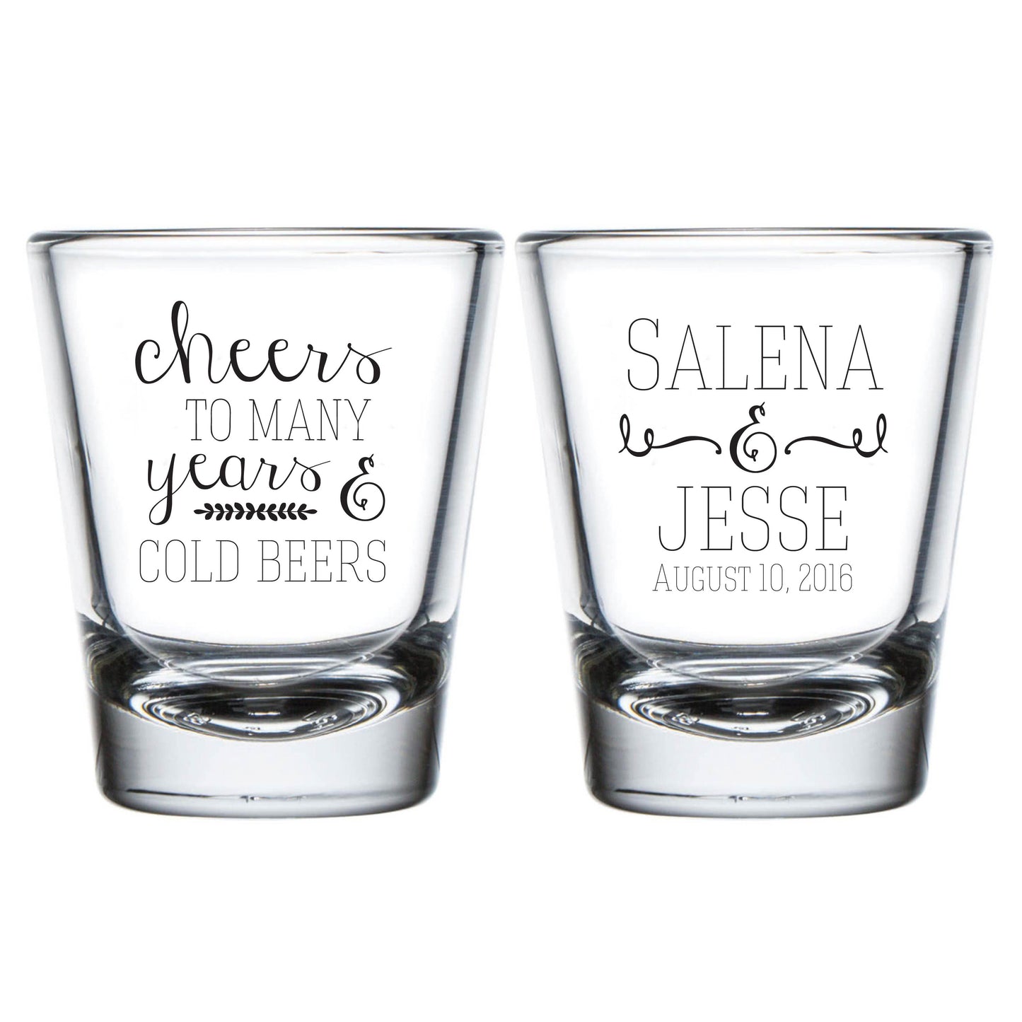Cheers to Many Years and Cold Beers Custom Wedding Shot Glasses