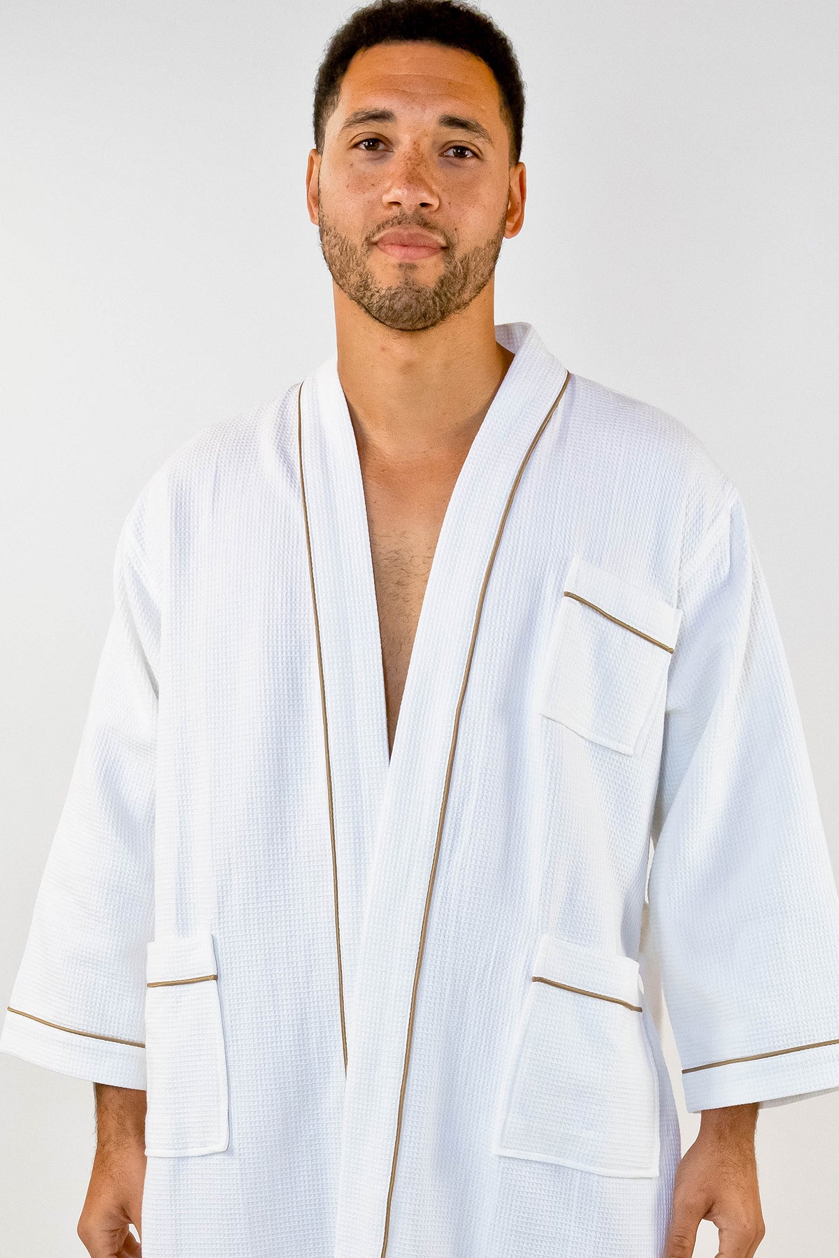 Waffle Bath Robe White with Copper Piping