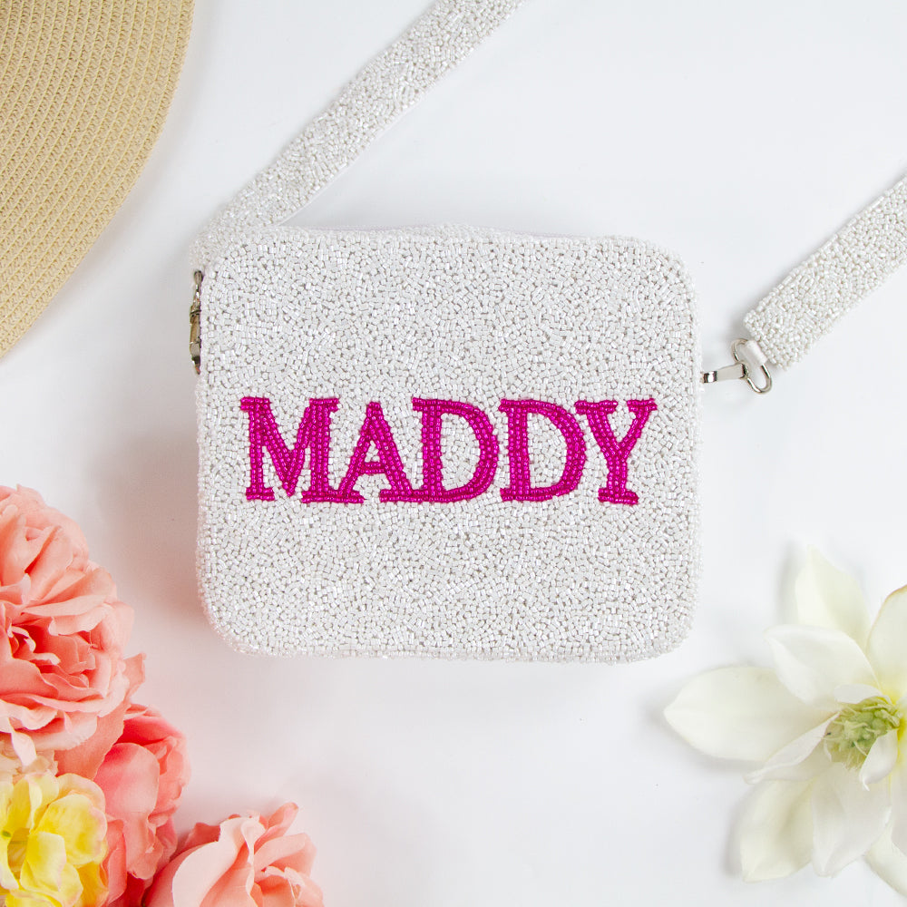Customized Bridal Clutch: Name Seed Bead Crossbody Bag (GD) in dimensions 8in x 8in x 2in. Ideal for brides, summer events, or evening occasions. Features a removable 46in beaded strap and a secure zipper. Each handmade clutch offers a unique and individual design.
