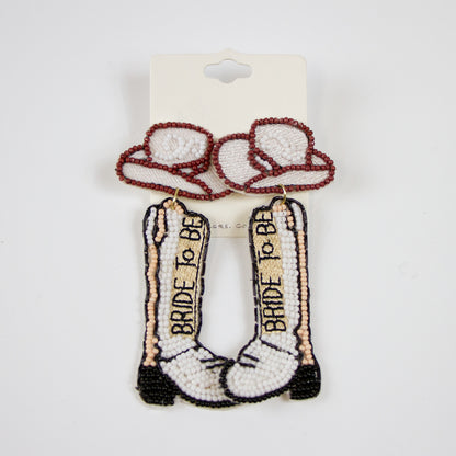 White Bride To Be Cowboy Boots Seed Bead Earrings