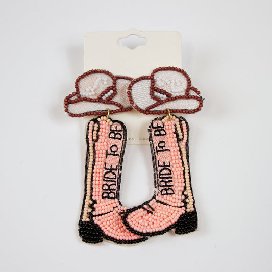 Pink Bride To Be Cowboy Boots Seed Bead Earrings