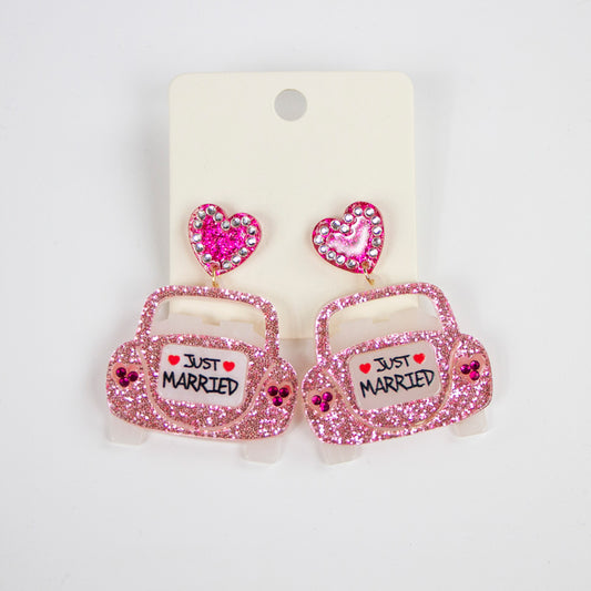 Just Married Pink Bridal Car Beaded Earrings