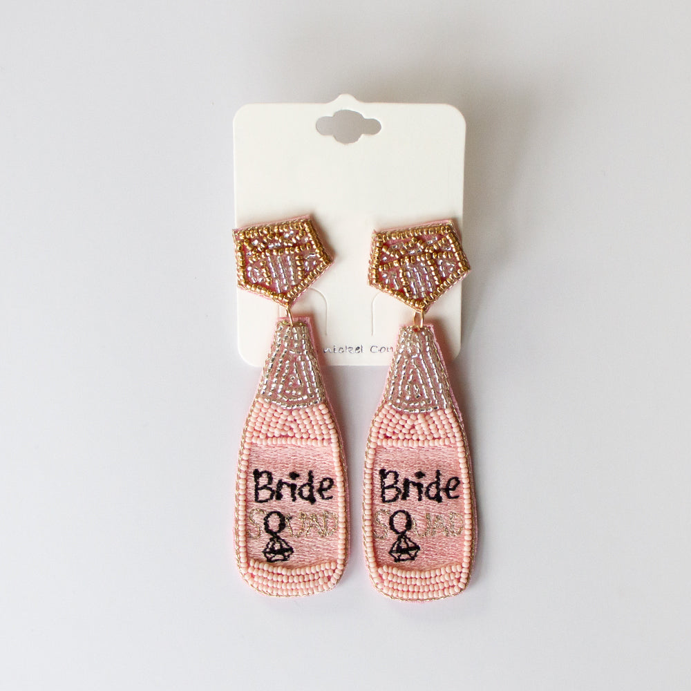 Pink Bride Squad Wine Bottle Seed Bead Earrings
