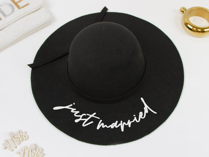 Just Married Black Felt Floppy Hat