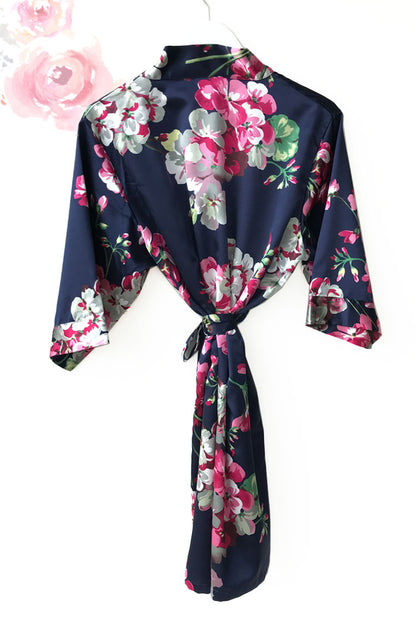 Floral Dark Navy Satin Kimono Robe