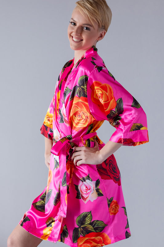 Floral Hot Pink Satin Kimono Robe