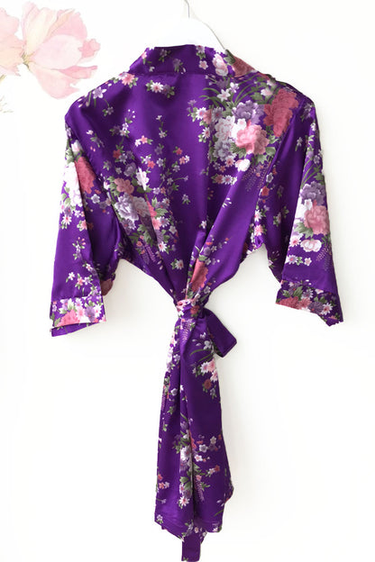 Floral Purple Satin Kimono Robe