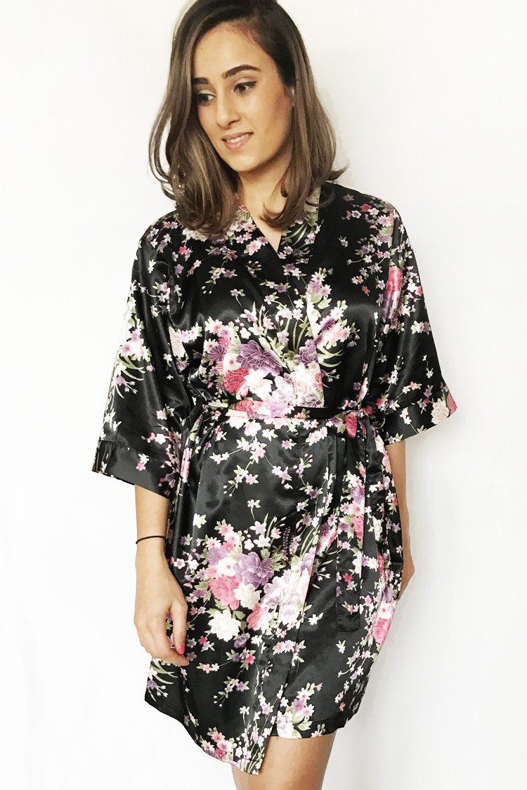 Floral Black Satin Kimono Robe