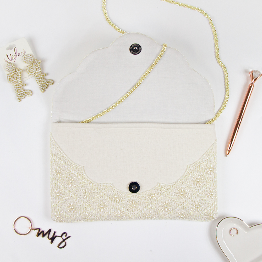 Plain White Scallop Pearl Clutch Bag White Bridal Purse
