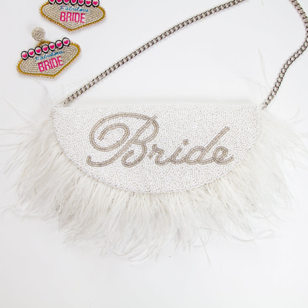 Elegant Personalized Mrs Beaded Clutch Purse in Feather Style, perfect for brides to carry essentials on their special day
