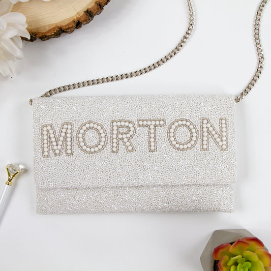 Elegant Custom Mrs Pearl Bridal Clutch Bag (LHFC) with intricate beading, perfect for holding essentials on the wedding day