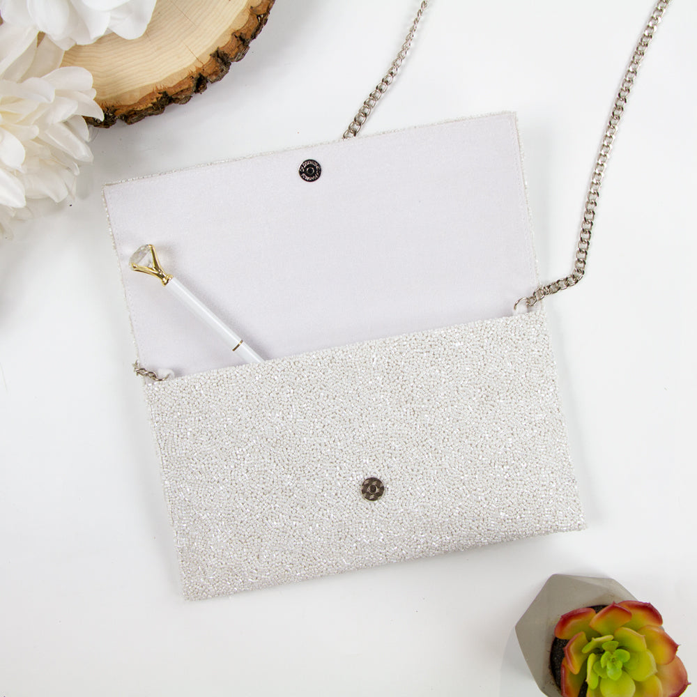 Elegant Custom Mrs Pearl Bridal Clutch Bag (LHFC) with intricate beading, perfect for holding essentials on the wedding day