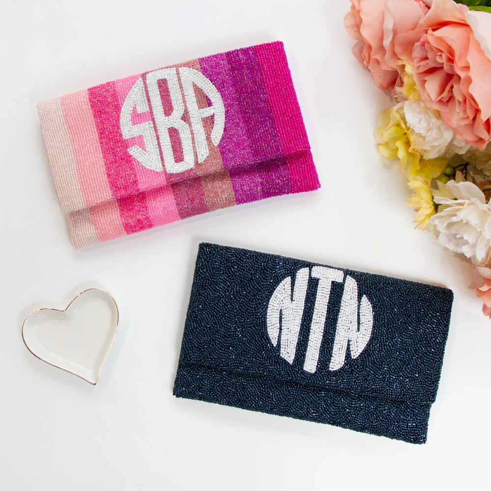 Monogram discount beaded clutch