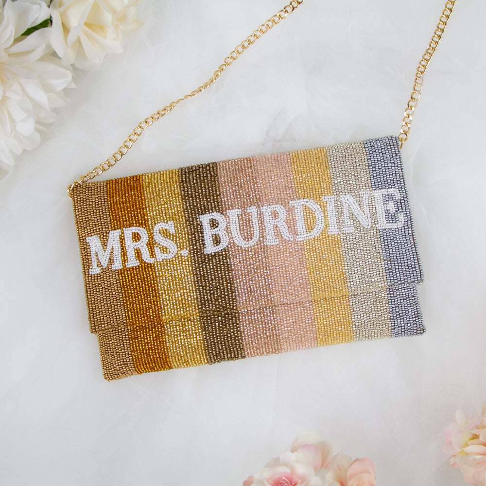 Handmade Custom Mrs Last Name Bridal Clutch (LHFC) with elegant beading, ideal for storing essentials on the wedding day