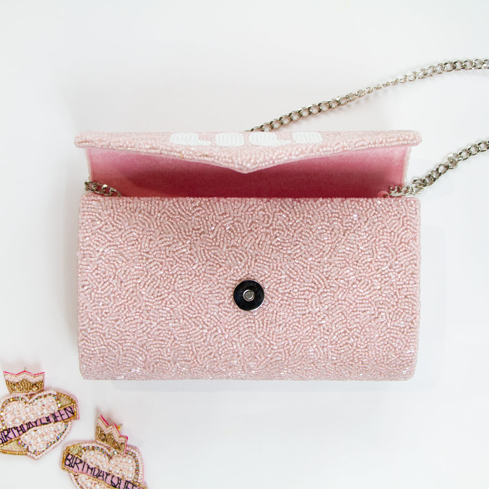 Charming Mini Envelope Wedding Clutch Purse (MIENV) measuring 9.25" W x 5" H, adorned with intricate beading. Ideal for brides or as a flower girl gift, this handcrafted purse provides a stylish complement to any outfit and can hold essential items for special occasions. Featuring customizable gold or silver chain options, it's a unique, bespoke accessory that stands out with its craftsmanship and individuality