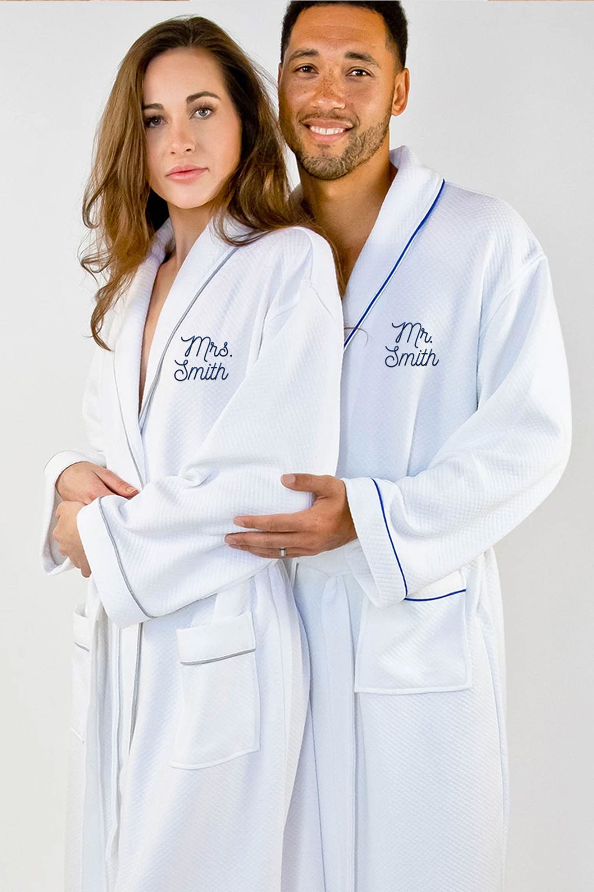 Mr and Mrs Smith Grid Style Bath Robe White