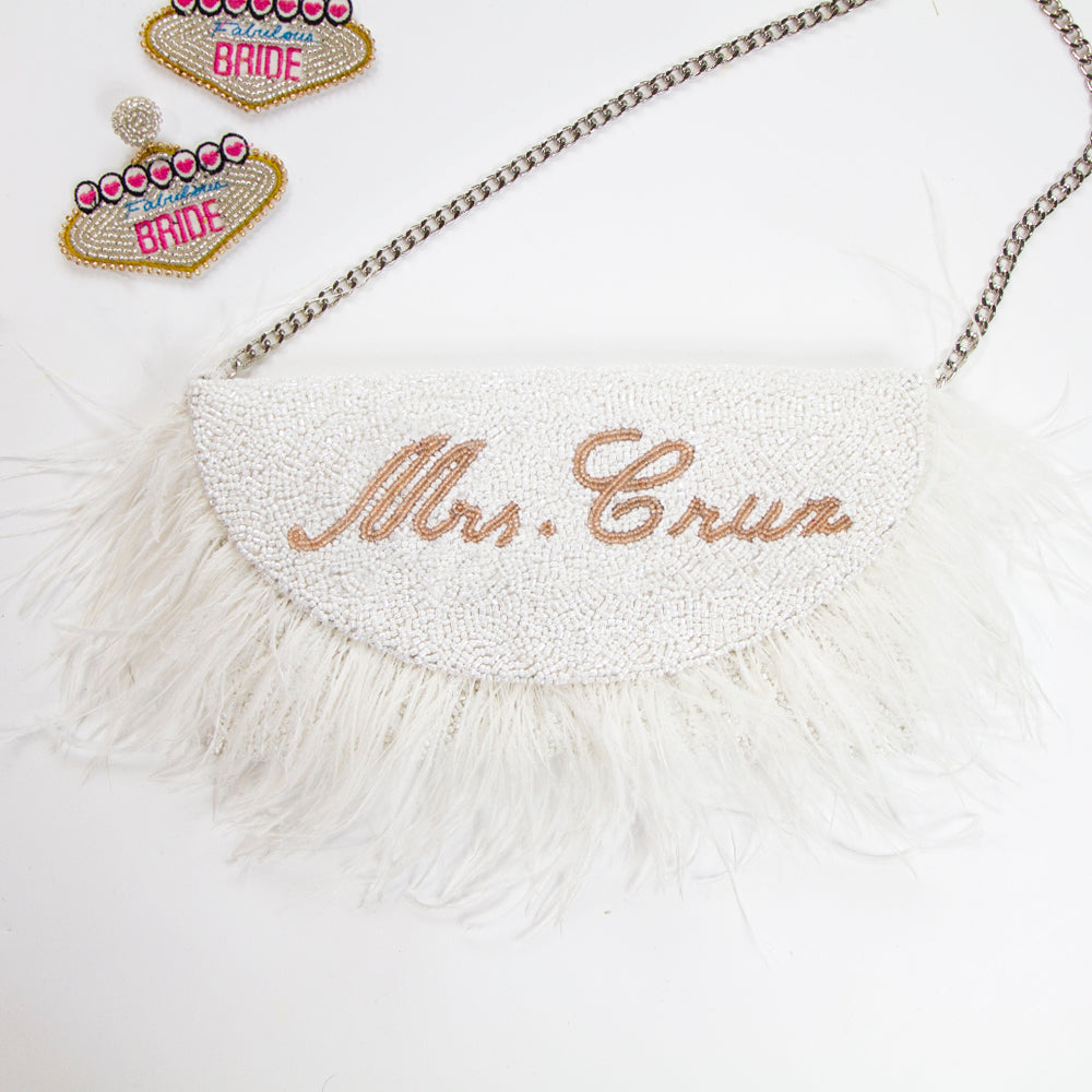 Elegant Personalized Mrs Beaded Clutch Purse in Feather Style, perfect for brides to carry essentials on their special day
