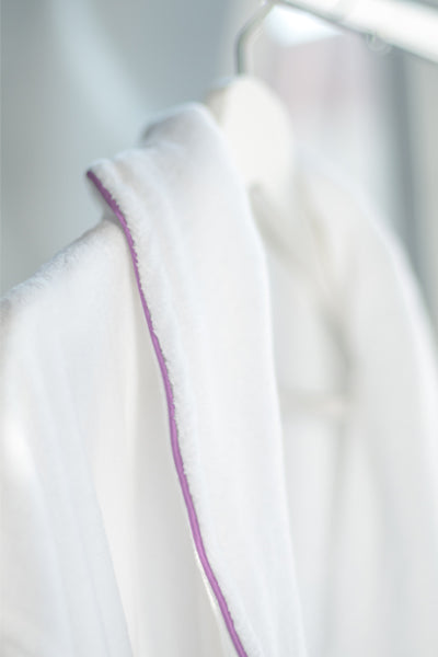 Plush Bath Robe White with Light Pink Piping