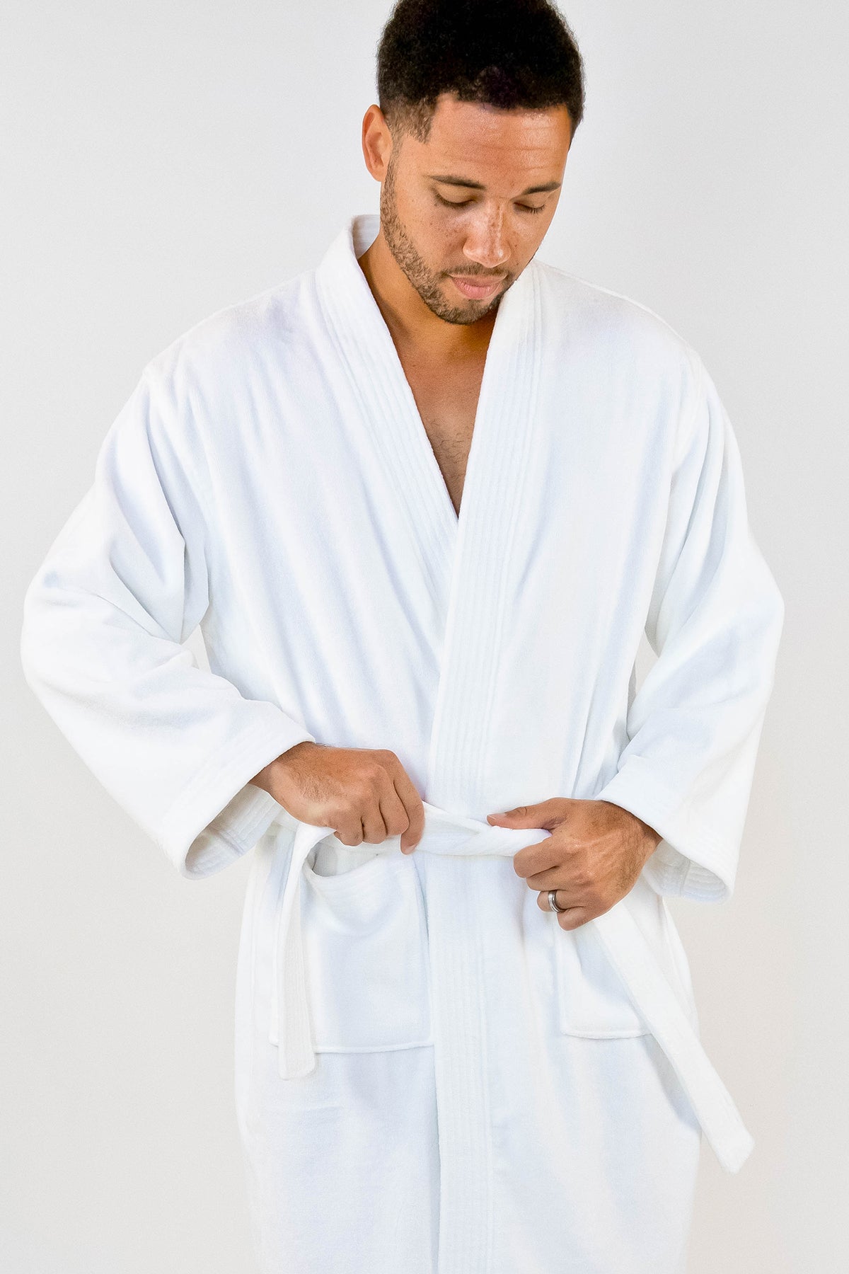 Plush V Neckline Collar Bath Robe White