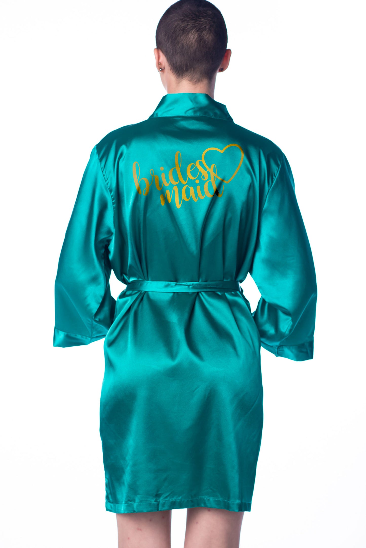 S/M "Bridesmaid" Teal Satin Robe - Heart in Metal Gold (Clearance Item)