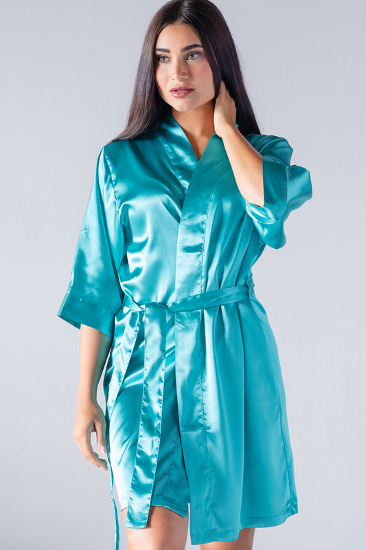 Aqua Blue Satin Kimono Robe